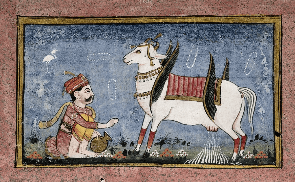 A king kneeling before Kamadhenu from Nanda and Mukunda, Koka-sara.